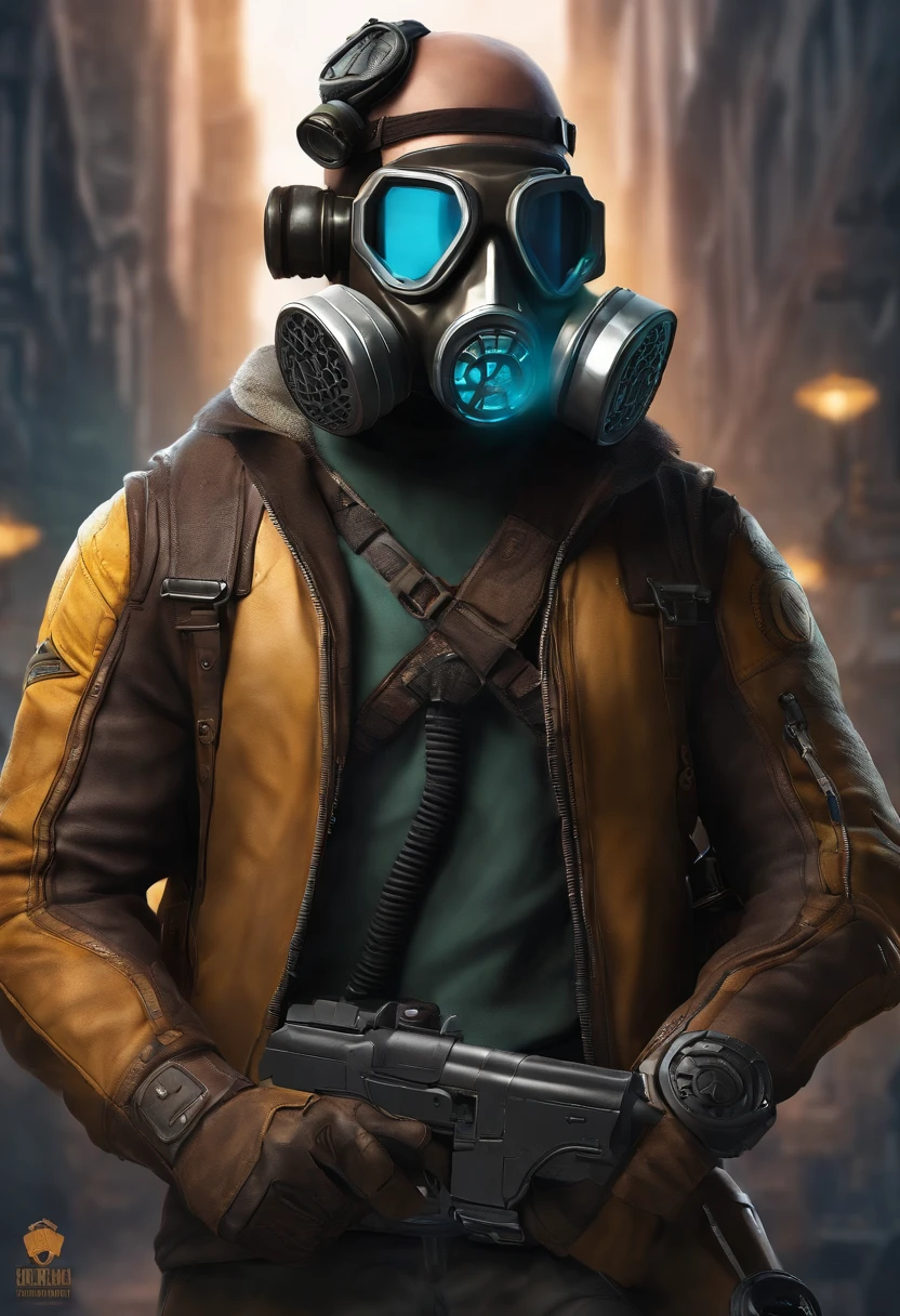 A cartoon character of a man with a gas mask and a gas mask in, foto de perfil 1024px, estilo de arte borderlands, borderlands 3 estilo, Aetherpunk realista, from valve, estilo borderlands, estilo de arte duke nukem, Eldritchpunk, musculoso! Cyberpunk, imagem do avatar, foto de perfil, Velho Cyberpunk, foto do perfil, imagem de perfil