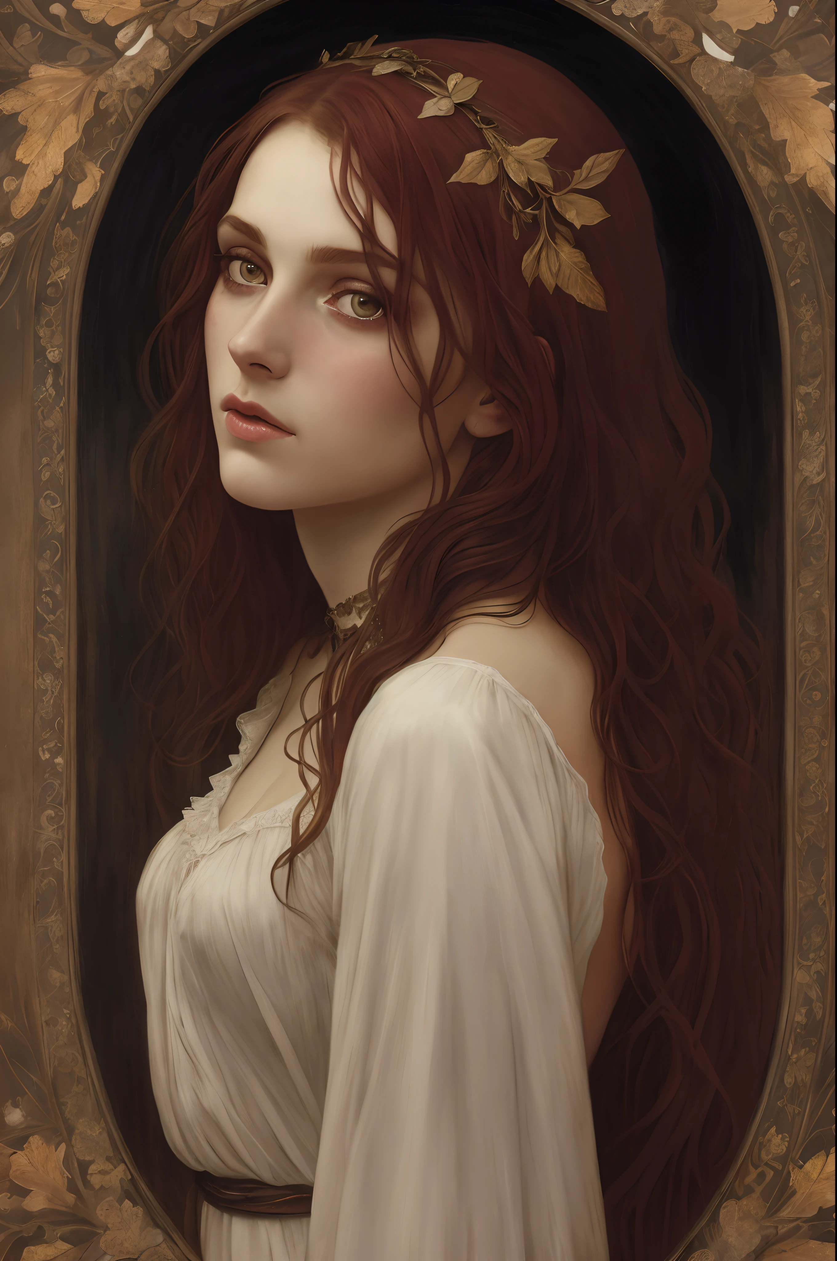 Full portrait, Realistic, Photorealistic, RAW photo, Highly detailed, cinematic rendering, Wild Dead Forest, evening, Cute 24-year-old woman, Leaning back in a tree and looking up at the grey cloudy sky, Redhead, Sexy, Dressed in a white tattered nightgown, Black leaves float in the air, the glittering particles flutter, Dinamic composition, Dark colours background, An atmosphere of melancholy and lonely, surreal photo by Alphonse Mucha, detailed perfect face, Melancholic eyes, Faded colors, cinematic composition