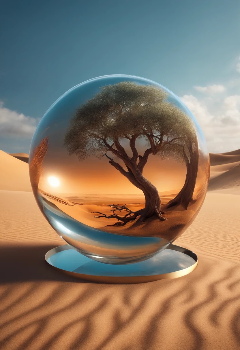 Image of a tree inside a glass ball in a desert landscape, tree of life inside the ball, Arte digital surrealista, Surrealismo 8K, arte digital surreal, arte surreal, surreal 3 d render, 3d renderizar arte digital, Marcos Adamus, arte conceitual surreal, 3 d render bipe, arte digital estilizada, Surrealismo 4K