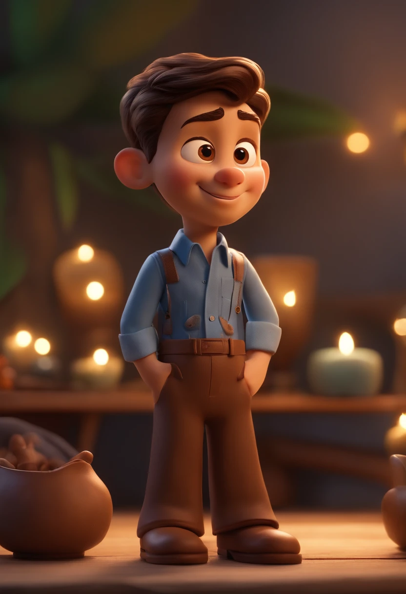 Garoto, estilo disney, tom de pele: claro:  Cabelo: marrom escuro, liso, curto, penteado para o lado direito. camisa: social, Cor azul. Fundo: Gray and white gradient,Comemorando, Hands raised, sorrindo, feliz, (estilo pixar) (obra-prima:1.2) (bokeh) (melhor qualidade) (pele detalhada) (textura detalhada) (8k) (claymation) (cinematic lighthing) (foco nítido