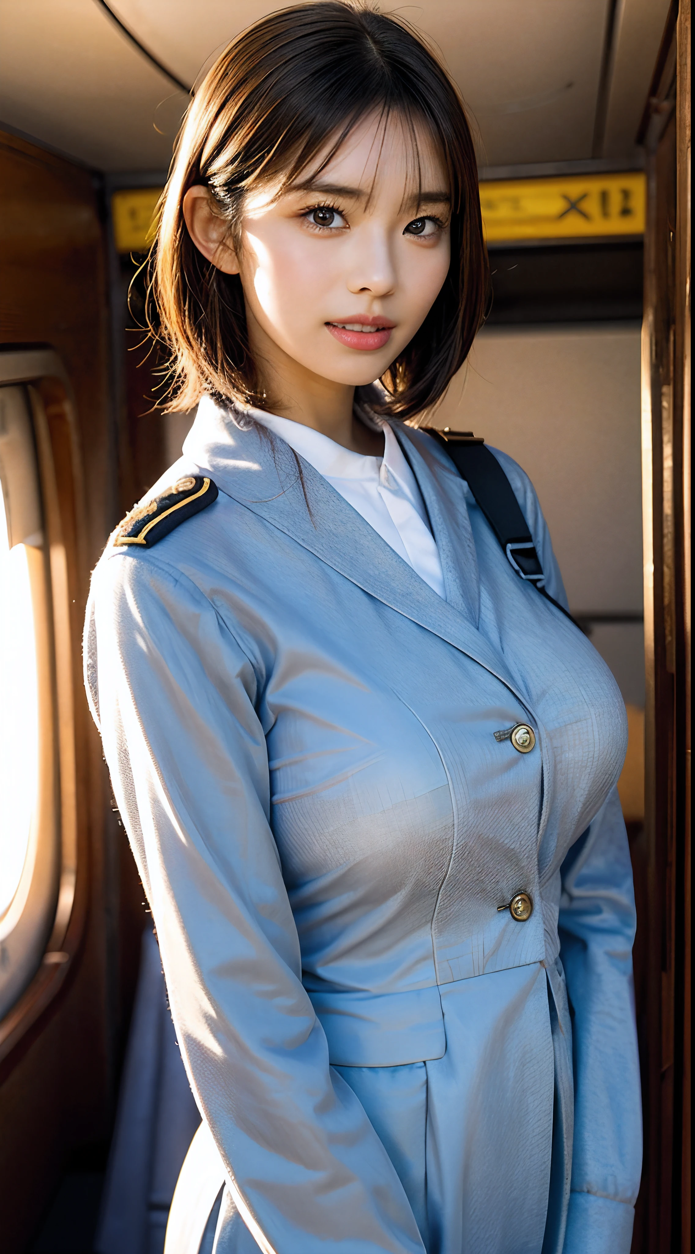 8K, of the highest quality, Intricate details, Ultra Detail, Ultra High Resolution, masterpiece, smile, (fluffy brown eyes), 1female, Solo, 40 years, (full stewardess uniform:1.4), Standing, ((Beautiful Face)), (Black short hair), (Detailed face), Detailed lips, Detailed face, Detailed chest, (glamorous body), (huge breasts), detail, Perfect body, cowboy shot, (background: in an airplane)