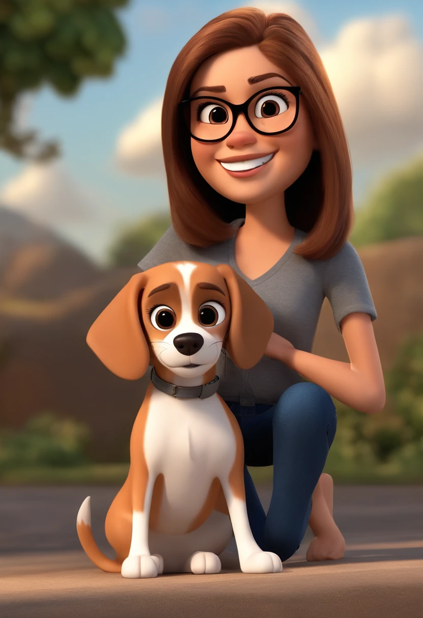 Pixar. Casal com um filhote de cachorro beagle marrom. A menina tem os cabelos loiros amarrados, Camiseta cinza e jeans claro, white glasses. O menino de cabelos pretos com cabelos grisalhos, barba pequena, oculos, Dark blue jeans and gray t-shirt. They are both smiling and are 40 years old