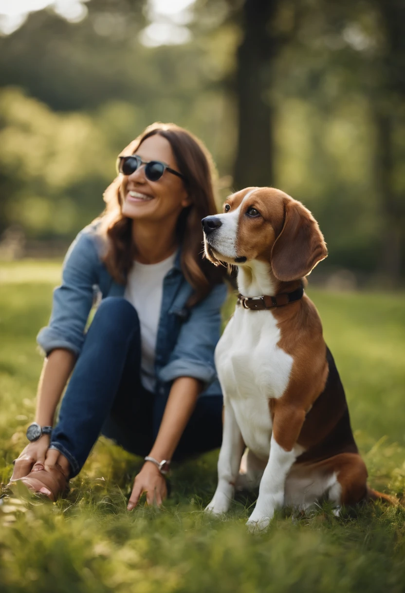 Pixar. Casal com um filhote de cachorro beagle marrom. A menina tem os cabelos loiros amarrados, Camiseta cinza e jeans claro, white glasses. O menino de cabelos pretos com cabelos grisalhos, barba pequena, oculos, Dark blue jeans and gray t-shirt. They are both smiling and are 40 years old