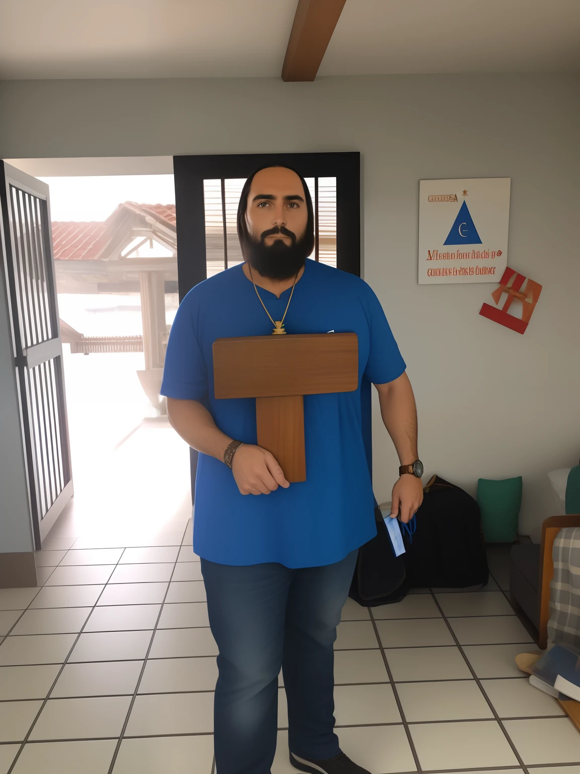 Homem de camisa azul segurando uma placa de madeira em um quarto, holding a holy symbol, holding a wood piece, usando cruz no manto, he is holding a large book, holding holy symbol, com um material de madeira, he is! cerca de 3 0 anos de idade, inspirado em Taddeo Gaddi, Vestido como Jesus Cristo, feito de madeira, Raziel IRL