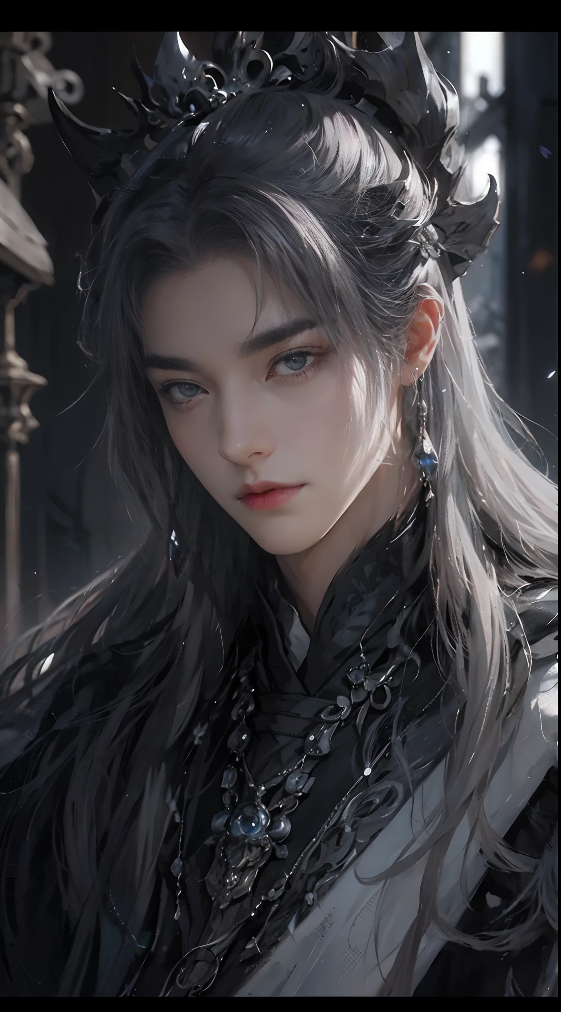 (extreamly delicate and beautiful:1.2), 8K, (tmasterpiece, best:1.0), , (LONG_GREY_HAIR_MALE:1.5), Upper body body, a long_haired male, black dragon horns above his head, cool and seductive, finely eye and detailed face, Perfect eyes, Equal eyes, Fantastic lights and shadows、wears fluffy cape, black room background、 Uses backlight and rim light