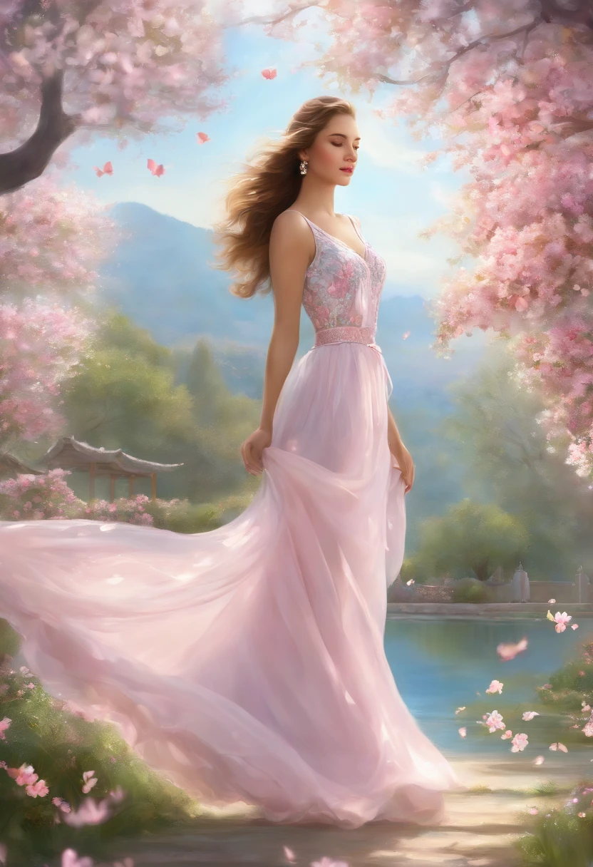 ,highres,HDR,professional painting,masterpiece:1.2,Lora:Yoo_Sanga-00001,colored girl,serene garden scenery,detailed flowers,butterflies dancing in the air,vibrant colors,soft sunlight,peaceful atmosphere,beautifully arranged plants,tall trees,clear blue sky,tranquil setting,graceful girl walking among the flowers,flowing dress,gentle breeze,sparkling dewdrops on petals,pink cherry blossoms,delicate flower petals falling,picturesque landscape,serenity and beauty intertwined,meticulously painted details,realistic depiction of nature,lively and full of vitality,impressive lighting effects,extraordinary attention to detail,ethereal and dreamlike,eye-catching and captivating.