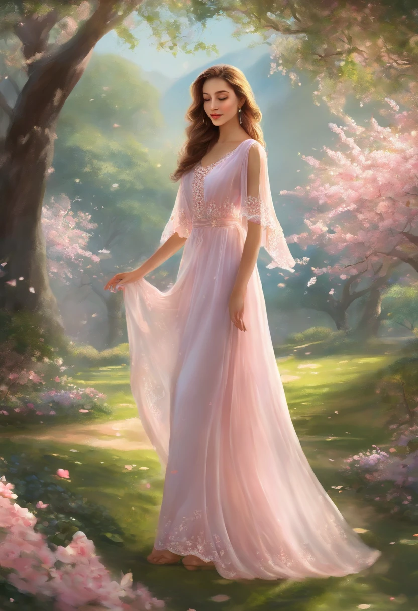 ,highres,HDR,professional painting,masterpiece:1.2,Lora:Yoo_Sanga-00001,colored girl,serene garden scenery,detailed flowers,butterflies dancing in the air,vibrant colors,soft sunlight,peaceful atmosphere,beautifully arranged plants,tall trees,clear blue sky,tranquil setting,graceful girl walking among the flowers,flowing dress,gentle breeze,sparkling dewdrops on petals,pink cherry blossoms,delicate flower petals falling,picturesque landscape,serenity and beauty intertwined,meticulously painted details,realistic depiction of nature,lively and full of vitality,impressive lighting effects,extraordinary attention to detail,ethereal and dreamlike,eye-catching and captivating.