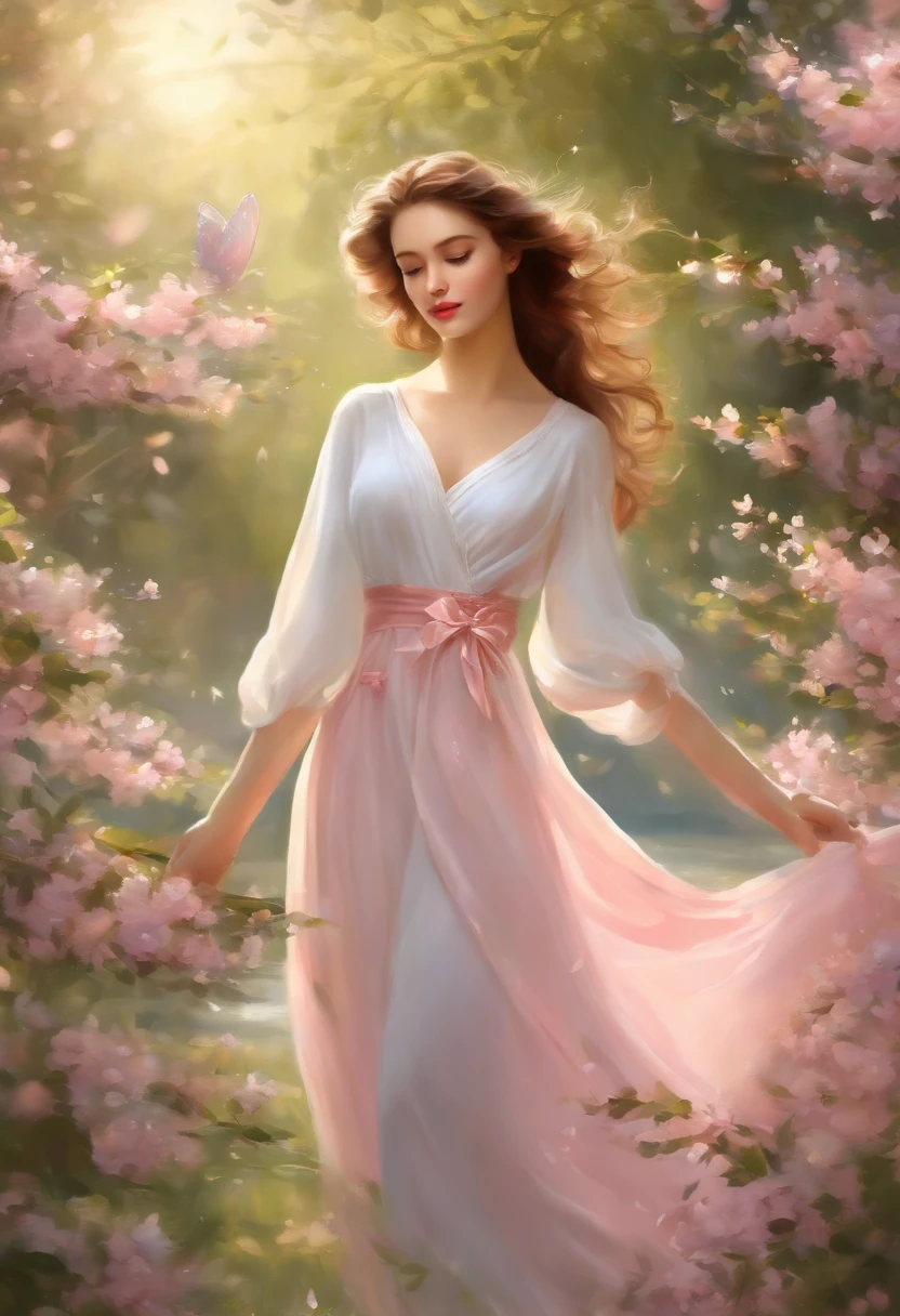 ,highres,HDR,professional painting,masterpiece:1.2,Lora:Yoo_Sanga-00001,colored girl,serene garden scenery,detailed flowers,butterflies dancing in the air,vibrant colors,soft sunlight,peaceful atmosphere,beautifully arranged plants,tall trees,clear blue sky,tranquil setting,graceful girl walking among the flowers,flowing dress,gentle breeze,sparkling dewdrops on petals,pink cherry blossoms,delicate flower petals falling,picturesque landscape,serenity and beauty intertwined,meticulously painted details,realistic depiction of nature,lively and full of vitality,impressive lighting effects,extraordinary attention to detail,ethereal and dreamlike,eye-catching and captivating.
