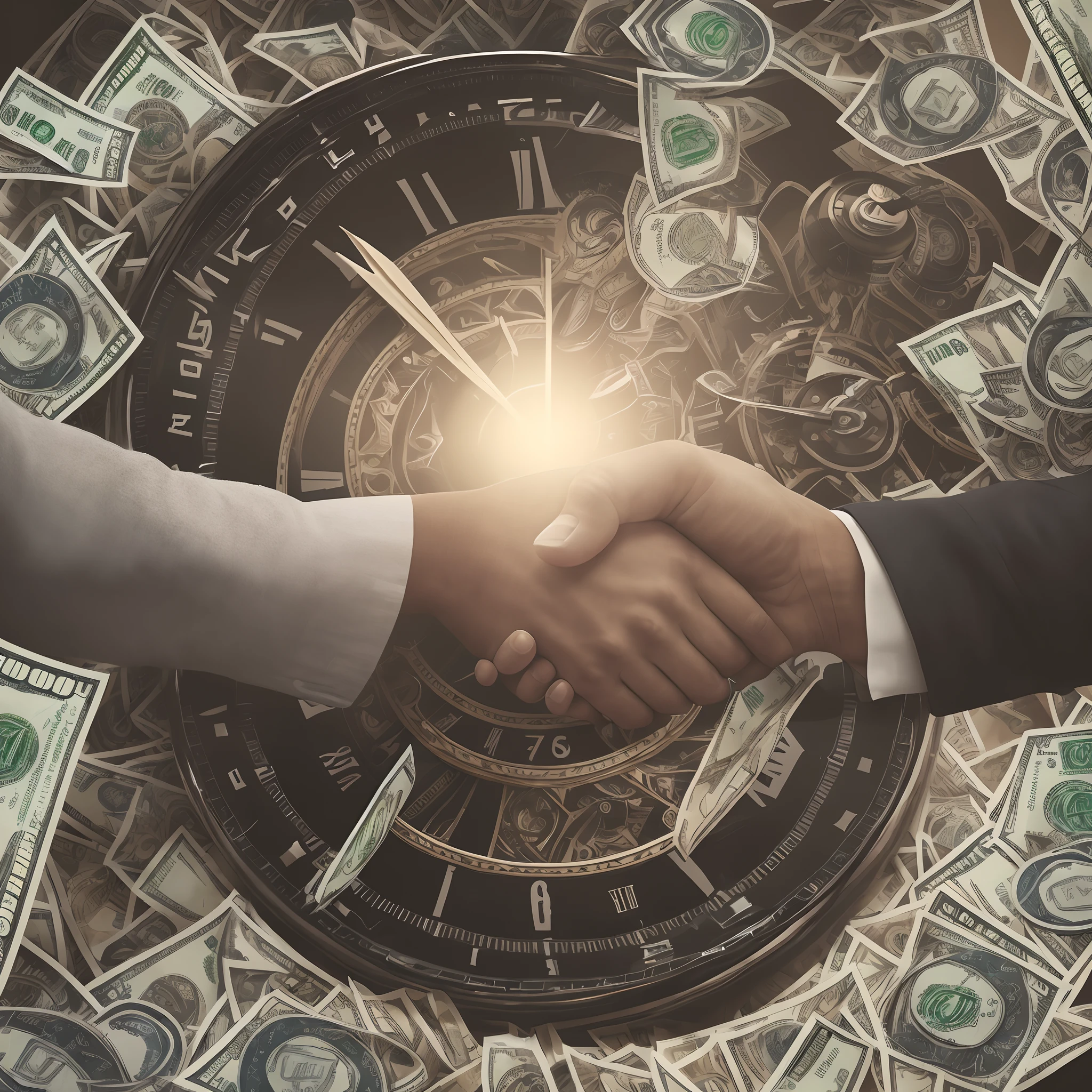 shaking hands, money and clocks flying arround, photorealistic, photography 4k --auto --s2