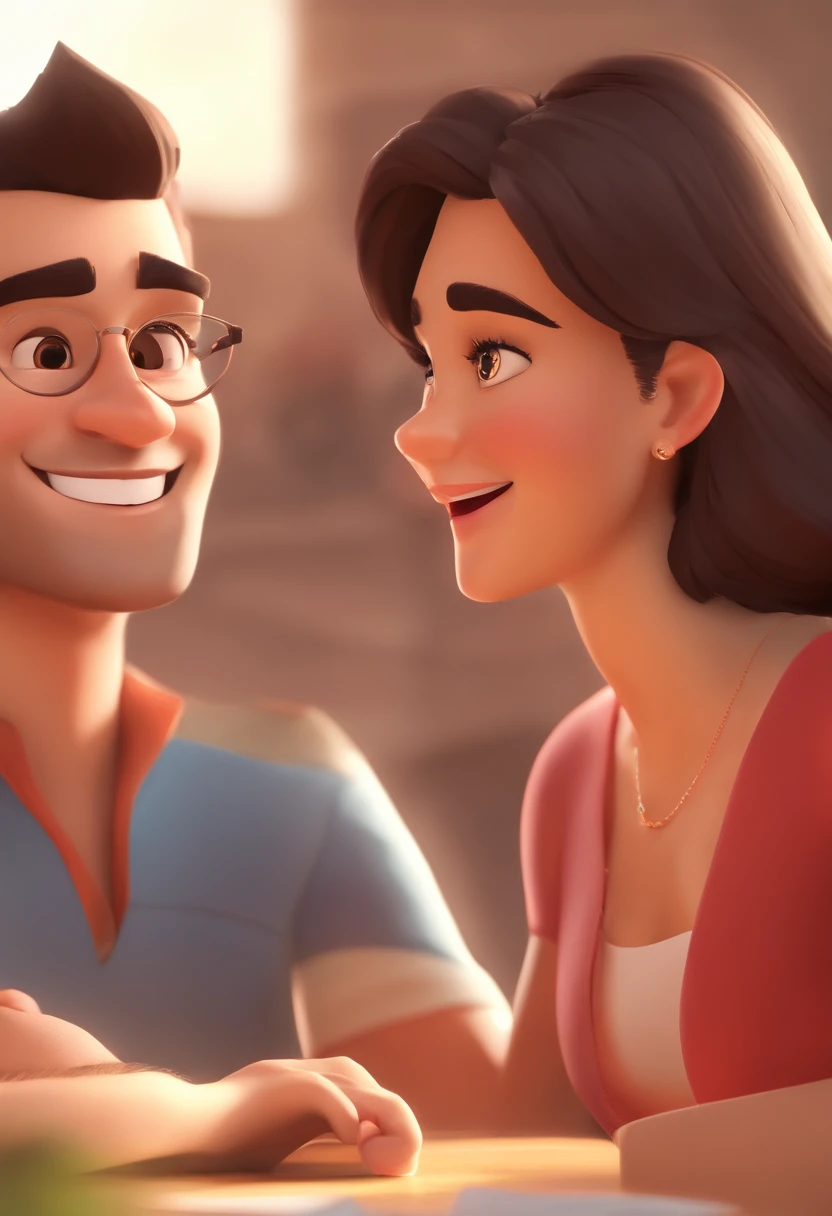 An illustration of an adorable couple, Highlighting a white man and a brunette woman with beautiful expressive eyes – the man's skin is white and the man's hair is straight, dark brown and short, while the woman's skin is brunette, the woman's hair is curly and brown with blonde highlights. They are a bright room, cada um com um sorriso no rosto, e compartilhar um momento especial caracterizado pelo amor, Insights. Illustrate this scene from a perspective where they are facing the camera, Smiling and Showing Your Connection. Desenvolva esta arte em Full HD, Focus on your cinematic touch, Estilo Disney Pixar Animations