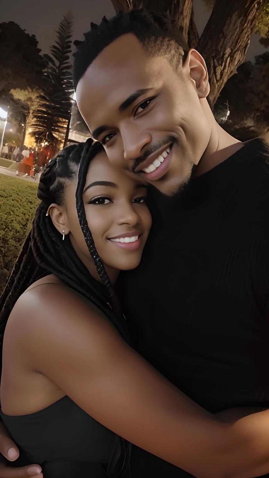 There's a black man and woman hugging in a park, imagem de perfil, She has beautiful afro braids and he has shaved black hair and a goatee just on his chin, ela tem olhos abertos encantadores e a ponta do naria arredondada, ztirade in early 2020, Millaise e Greg Rutkowski, casal sorridente, noite!, Thomas Anthony e Malika Favre, com ela longa, Foto do perfil, Directed by: Leonard Daniels, Directed by: Guilherme Berra, suave em _ O pano de fundo