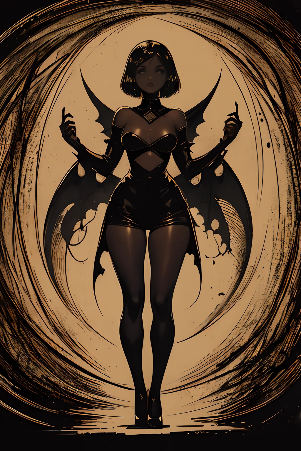 A girl, 1girl, dark skin, full body, vintage horror, 1940s, shapes, abstract, propaganda, gothic, vintage, sexy, anime style, (clear background:1.0)