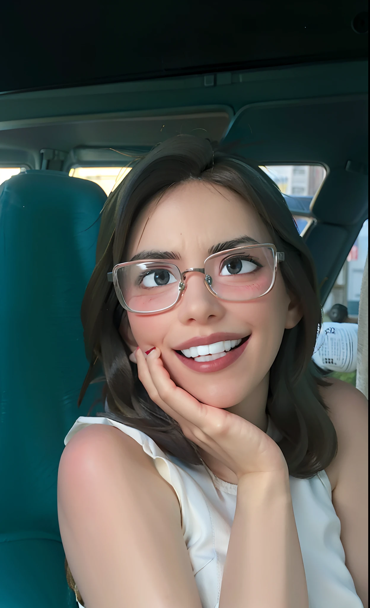 Smiling woman in glasses sitting in a car with her hand on her chin, fernanda suarez, Directed by: Nandor Soldier, Valentina Embaralhamento, Alanis Guillen, Malika Favre, icaro carvalho, Adriana DXIM, In Sao Paulo, imagem de perfil, Lorena Avarez, imagem do avatar, by Amelia Peláez