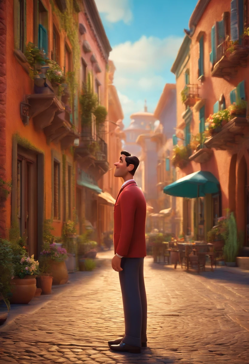 A city councilman looking at a dream project inspired by Pixar animation, de perto. The character takes center stage with captivating facial expressions, oferecendo um toque de irrealidade