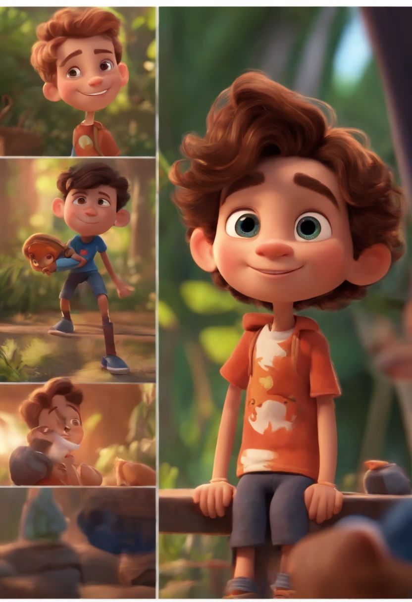 Image of a boy for a story in a YouTube video in Pixar format, He's the little allabester, He's the class leader, He's outgoing, Playful and gets up for a lot of things, cabelo curto