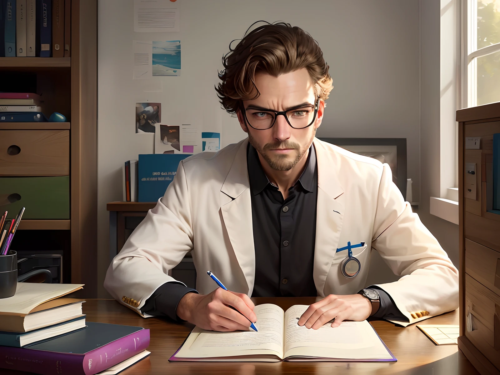 Créez une affiche inspirée de Disney Pixar avec le personnage du pasteur Rubens Janier, Un homme aux cheveux gris portant des lunettes, dans un bureau avec un livre sur la table, Regarder vers l’avenir et sérieux
