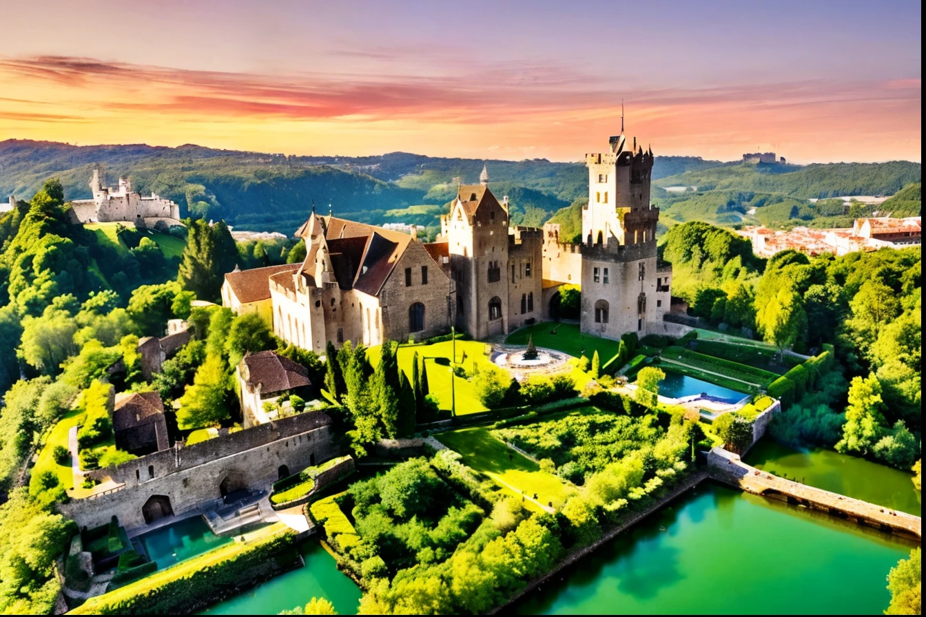 Aerial view of a castle with a bridge and a lake, ( visualmente deslumbrante, obra-prima', Directed by: Luis Miranda, inacreditavelmente bela, historical setting, castle setting, Directed by: Carlos Francisco Chang Marin, mansion, uma linda, incrivelmente bonito, Negligencia, localizado em um castelo, Castelo bonito, architectural masterpiece, visto de cima, viewed from bird's-eye
