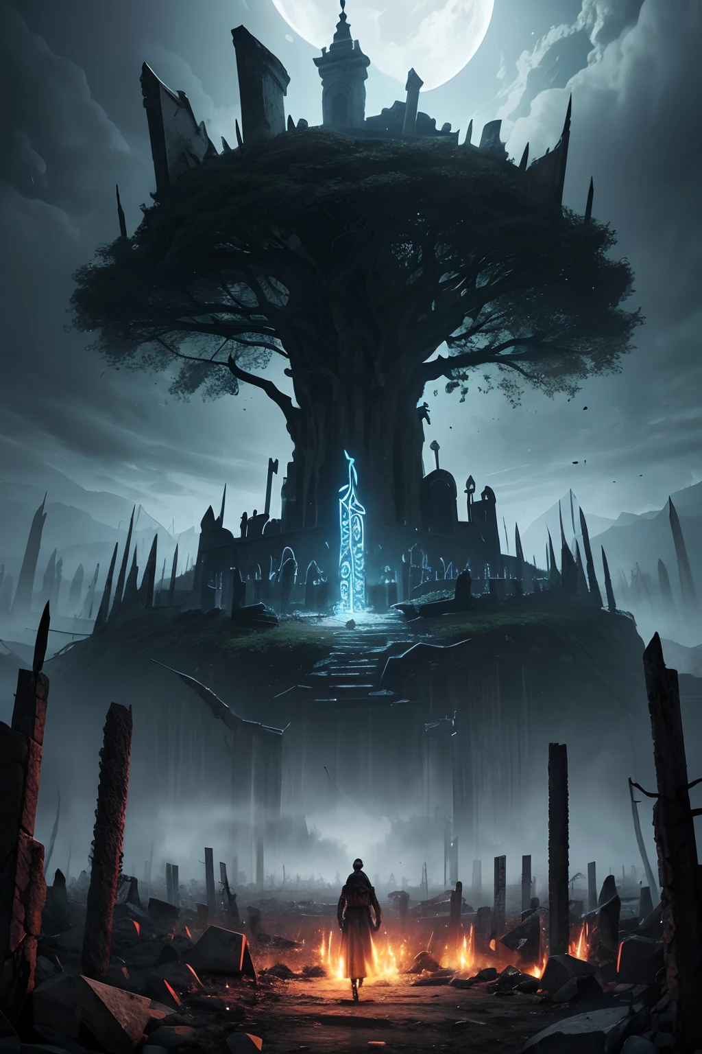 best quality,Altas,ultra-detalhado,Realistic,fotorrealista:1.37,horror,dramatic lighting,atmosfera assombrosa,ominous fog,floresta densa,twisting trees,decaying leaves,Mystical aura,Horrendous creatures lurking,Sinister presence,scattered skulls and bones,Amuleto Encantado emitindo Energia Escura,terra rachada,luar rompendo o dossel,malevolent energy,engraved sinister symbols,Capa escura ondulando,olhos brilhantes,bright runic marks,Cursed Runes,encantamentos sinistros sussurrados,Lua Carmesim,ancient ruins,eerie silence,Sussurros do Vento,figuras sombrias ao longe,riso sinistro,an unnerving sense of power and danger,almas perdidas presas,rituais malignos se desenrolando,surrounded by desolation and despair,malicious intent,On the verge of destruction