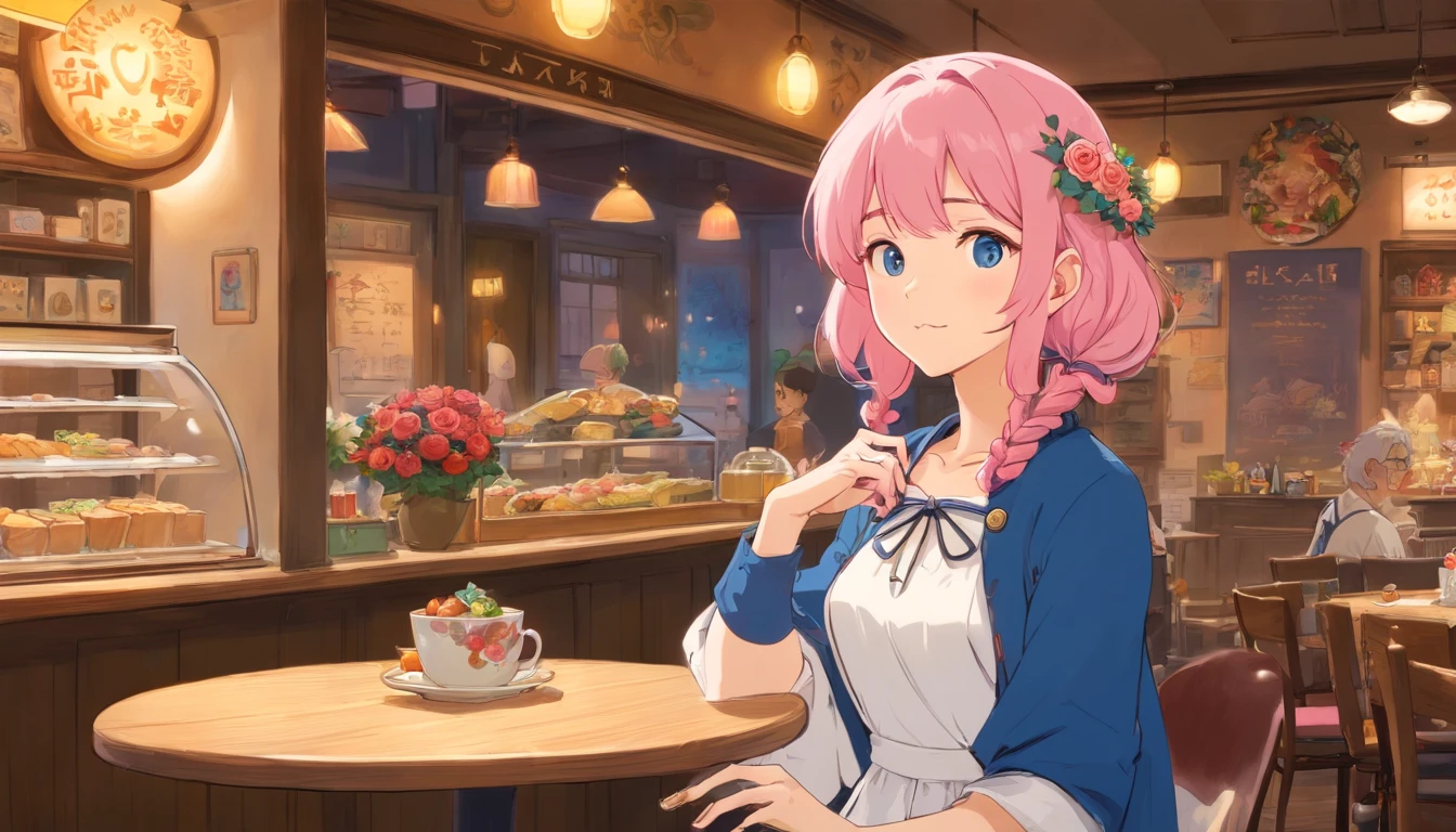 A girl,Pink hair is long,white dress with design,blue short jacket,A wreath of roses on the head,tattoo on the leg,She's a writer,France,in a cafe