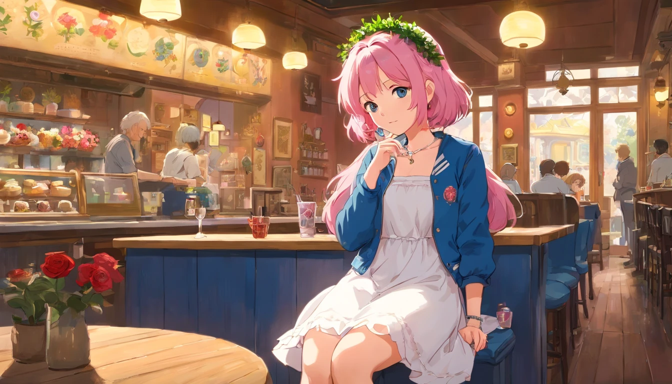 A girl,Pink hair is long,white dress with design,blue short jacket,A wreath of roses on the head,tattoo on the leg,She's a writer,France,in a cafe