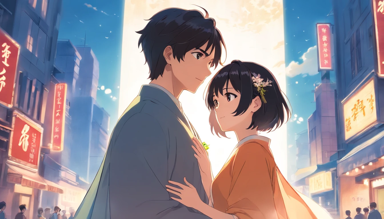 couple, short hair, wearing ancient vienam cinema wedding clothes, men with shortblack hair, women with black hair.