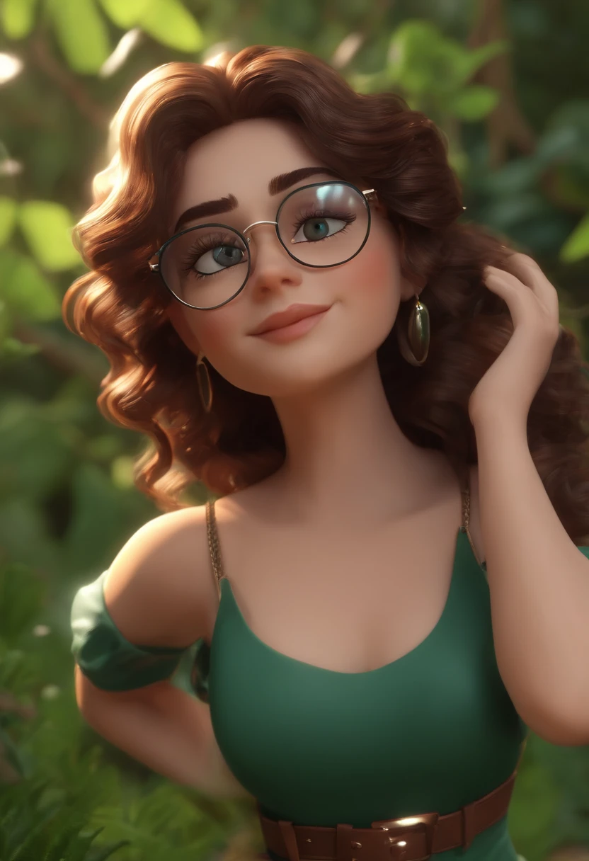 personagem dos desenhos animados de uma adolescente branca, magra, curly brown hair down to the waist, olhos verdes, with round metal glasses and a black shirt, saia branca, segurando um livro. animation character, Caractere estilizado, animation style rendering, 3D estilizado, Arnold Maya render, 3 d render stylized, toon render keyshot, Personagem 3D, Personagem 3D, 3d rendering stylized, 3 d character render, personagem de desenho animado, Personagem de close up, Pose de personagem, (Estilo Pixar) (master part:1.2) (Bokeh) (melhor qualidade) (pele detalhada) (textura detalhada) (8k) (argila) (Cinematic lighting) (foco nítido