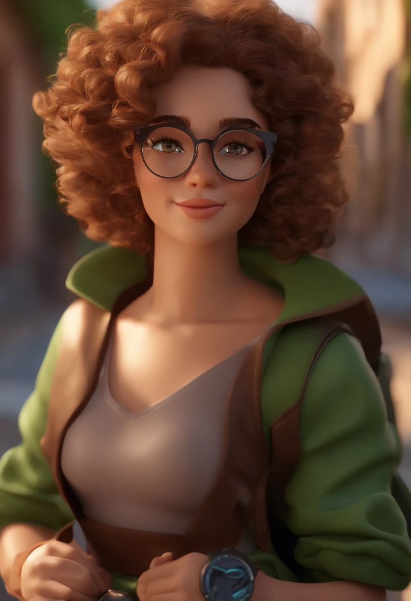 personagem dos desenhos animados de uma adolescente branca, magra, curly brown hair down to the waist, olhos verdes, with round metal glasses and a black shirt, saia branca, segurando um livro. animation character, Caractere estilizado, animation style rendering, 3D estilizado, Arnold Maya render, 3 d render stylized, toon render keyshot, Personagem 3D, Personagem 3D, 3d rendering stylized, 3 d character render, personagem de desenho animado, Personagem de close up, Pose de personagem, (Estilo Pixar) (master part:1.2) (Bokeh) (melhor qualidade) (pele detalhada) (textura detalhada) (8k) (argila) (Cinematic lighting) (foco nítido
