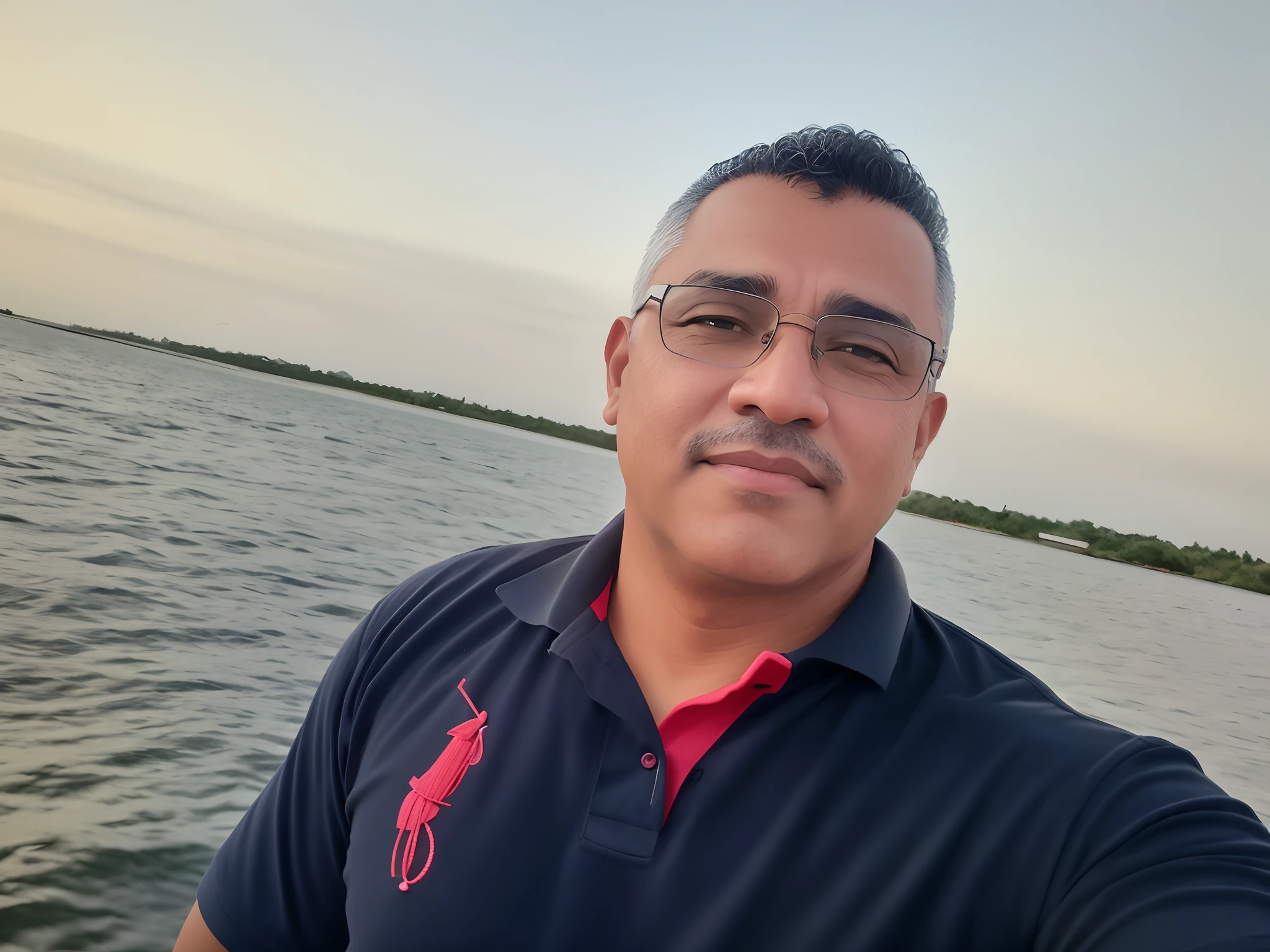 Homem de camisa polo tirando uma selfie em um barco, taken in the early 2020s, andres rios, Homem de 4 0 anos, Homens de 45 anos, Luis Nieves Sr., cerca de 3 5 anos, (38 anos), ele tem cerca de 4 0 anos de idade, Juan Díaz Canales create 3d image Pixar cartoon style