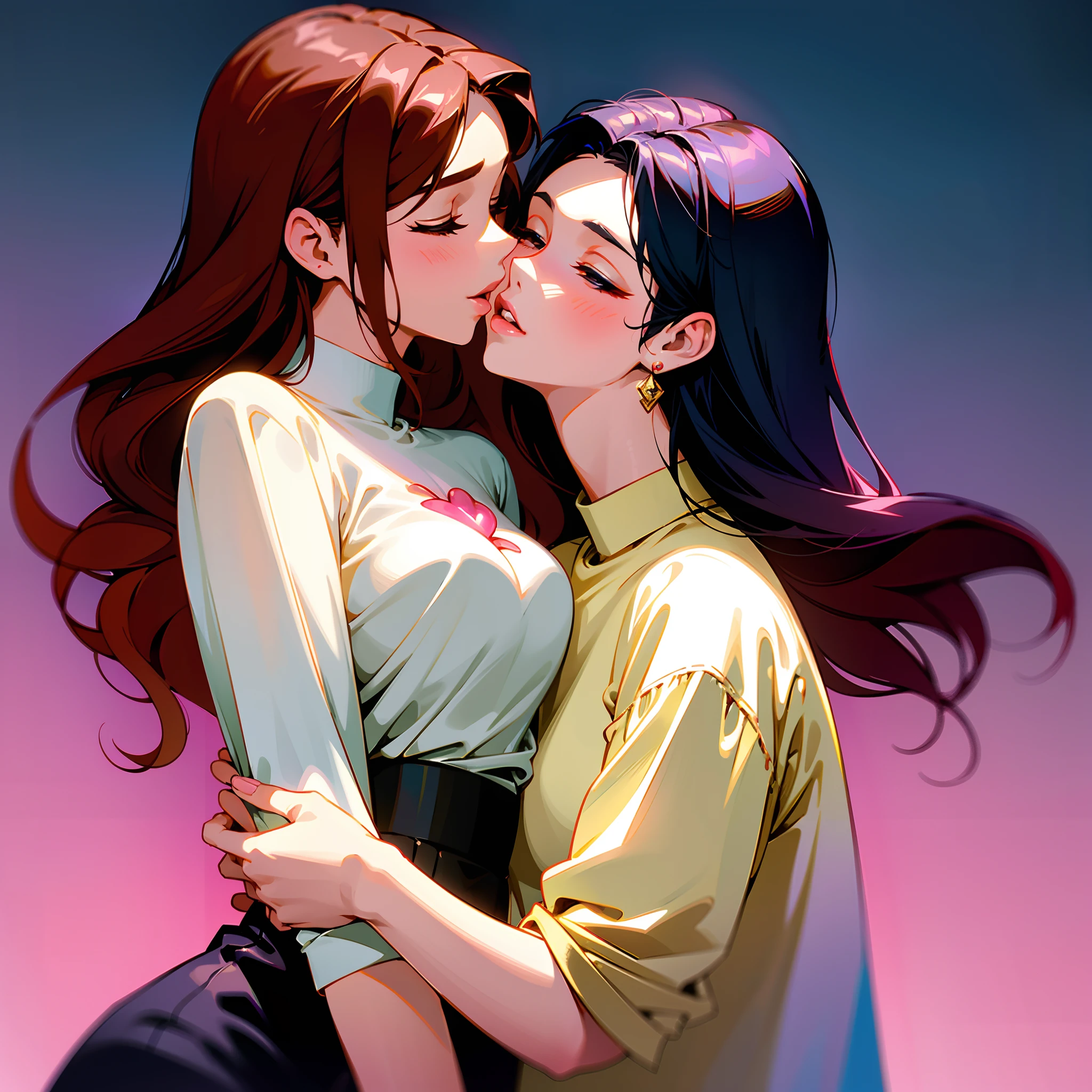 araffe woman kisses a woman in a white shirt while she holds her hand on her chest, kissing together cutely, kiss, still from a terence malik film, kissing, lovely kiss, kiss mouth to mouth, sexy movie photo, making love, making out, kissing together, love scene, seducing, kissing each other, couple kissing, sensuous