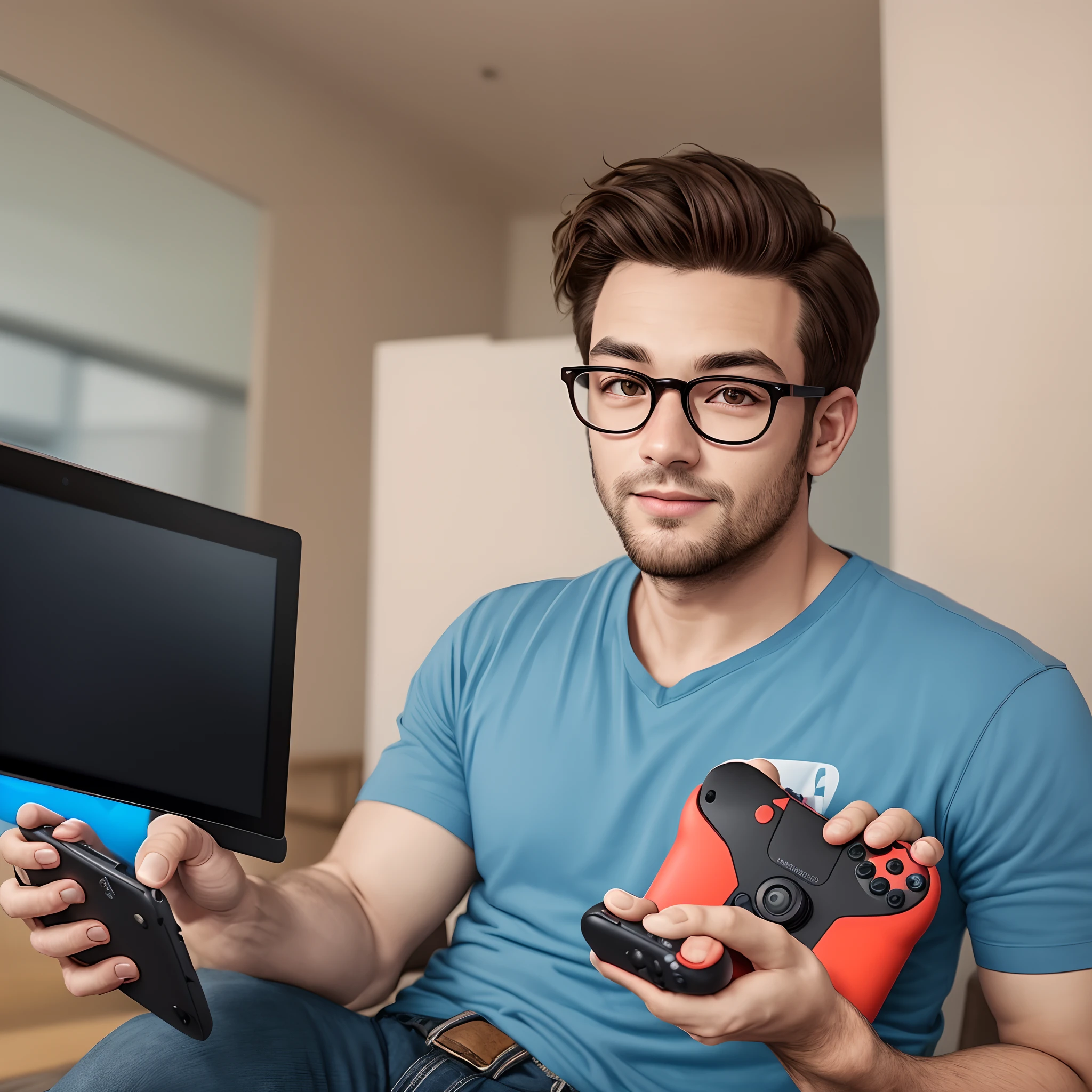 Homem branco, calvo, desenho estilo pixar, wearing red glasses with a Nintendo Switch in his hand