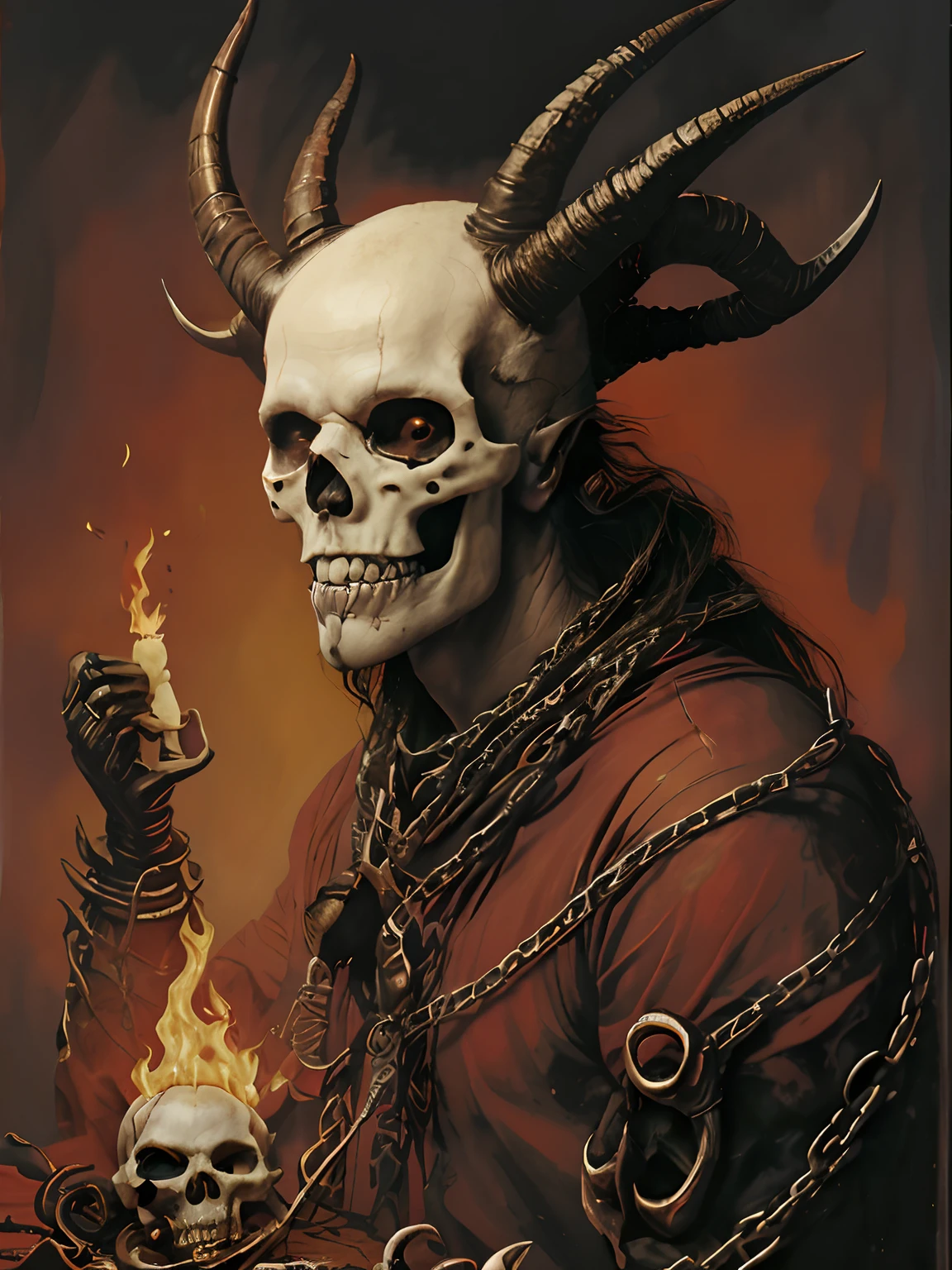 Painting of a demon with horns and a skull holding a burning skull, Fit male demon with white horns, adorned with demon skulls, Gerald Brom. cores ricas, Deus masculino bonito da morte, estilo Gerald Brom, portrait demon half human, Retrato do Deus da Morte, arte conceitual diablo, diabo, O Rei do Inferno, Rei do inferno, Governante do Inferno