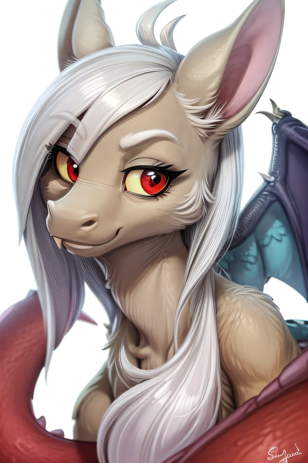 Discord, Disagreements from the outside “My little pony”, Dissonance in the image of a person, Long white hair, Detailed Female Body Eyes, full length, closeup of face, face, closeup, portrait, brawn, white background, wings, The wings are folded, dragon tail, (Masterpiece, Best Quality, High Resolution), (illustartion:1.0), a 1girl, The woman, Hairstyle of sexually mature women “tail”, no bitches meme, looking from bellow, high fov, wide angle