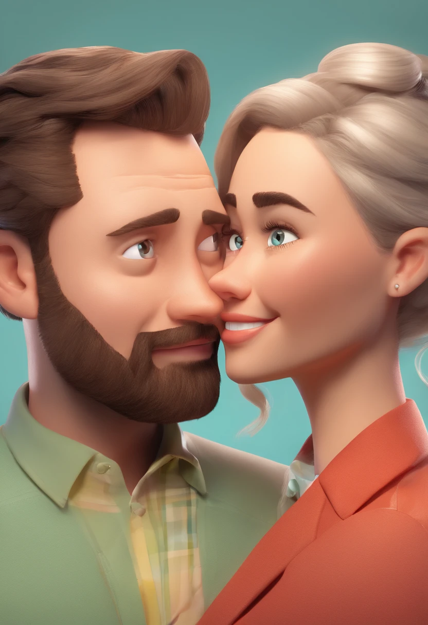 An illustration of an adorable couple, Destacando um homem e uma mulher com beleza, Expressive eyes – the man's hair is bald and brown and he has a full beard, While the woman's hair is tied up in a bun and blonde. They are a bright space, Todos com um sorriso no rosto, e compartilhe um momento especial, That is marked by love, viagem, and pedagogical insights. Ilustre esta cena a partir de uma perspectiva, where they're facing away from the camera, Show Your Connection. Desenvolva esta arte em Full HD, Focus on your cinematic touch, Estilo Disney Pixar Animations