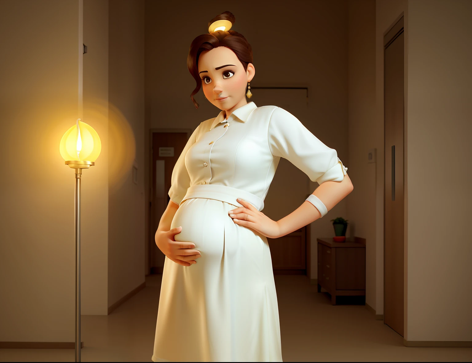 An elegant woman with her hand on her belly with a very big belly, Pee is pregnant, illuminated by the light of a lamp, contra o planoo de fundo de uma entrada de hospital, With a serious face