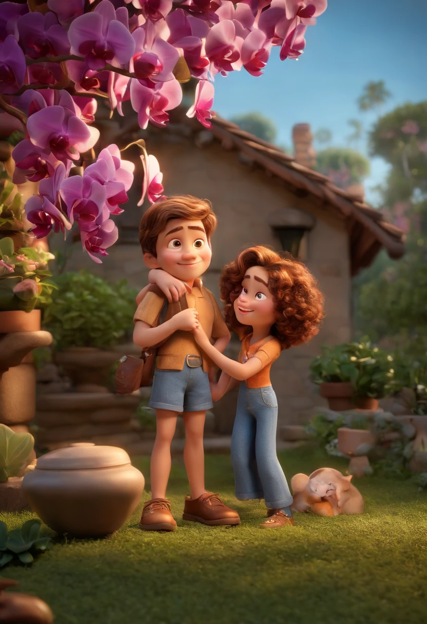 Create a Disney PIXAR-style 3D poster. ((centro da imagem, 2 pessoas)), ((1 homem no meio e 1 mulher ao lado, They're hugging each other, O menino tem pele castanha e cabelos castanhos escuros e olhos castanhos escuros, a menina tem pele clara, olhos azuis e cabelos loiros e cacheados)) ((tudo isso no estilo Disney PIXAR 3D, In the background, A house of with orchids and leaves Adam's rib leaves, Gloria Studio, The garden is full of nature 3D render RTX clay material, estilo de design cartunesco, POP Mart, soft lighting, linhas suaves, Spring tilt, Detailed illustrations of PIXAR 3D, Detalhes hiper-realistas, cor quente no estilo Disney PIXAR 3D))