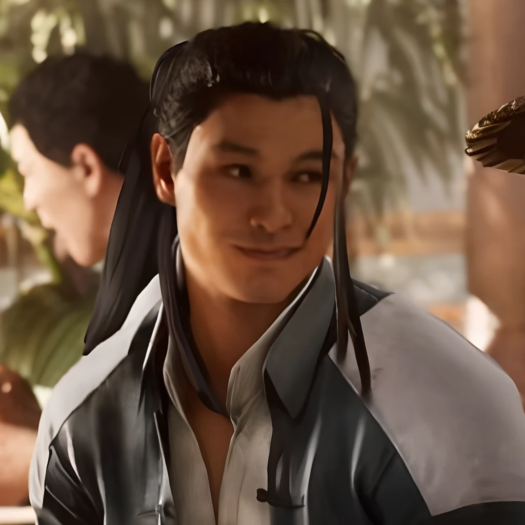 there is a man with a long black hair and a white shirt, inspired by Li Kan, as a character in tekken, inspired by Fan Kuan, inspired by Dai Jin, zhao yun, ross tran and bayard wu, inspired by Liang Kai, goku as an asian man, shinkiro toshiaki mori, smug look, buzzed hair on temple