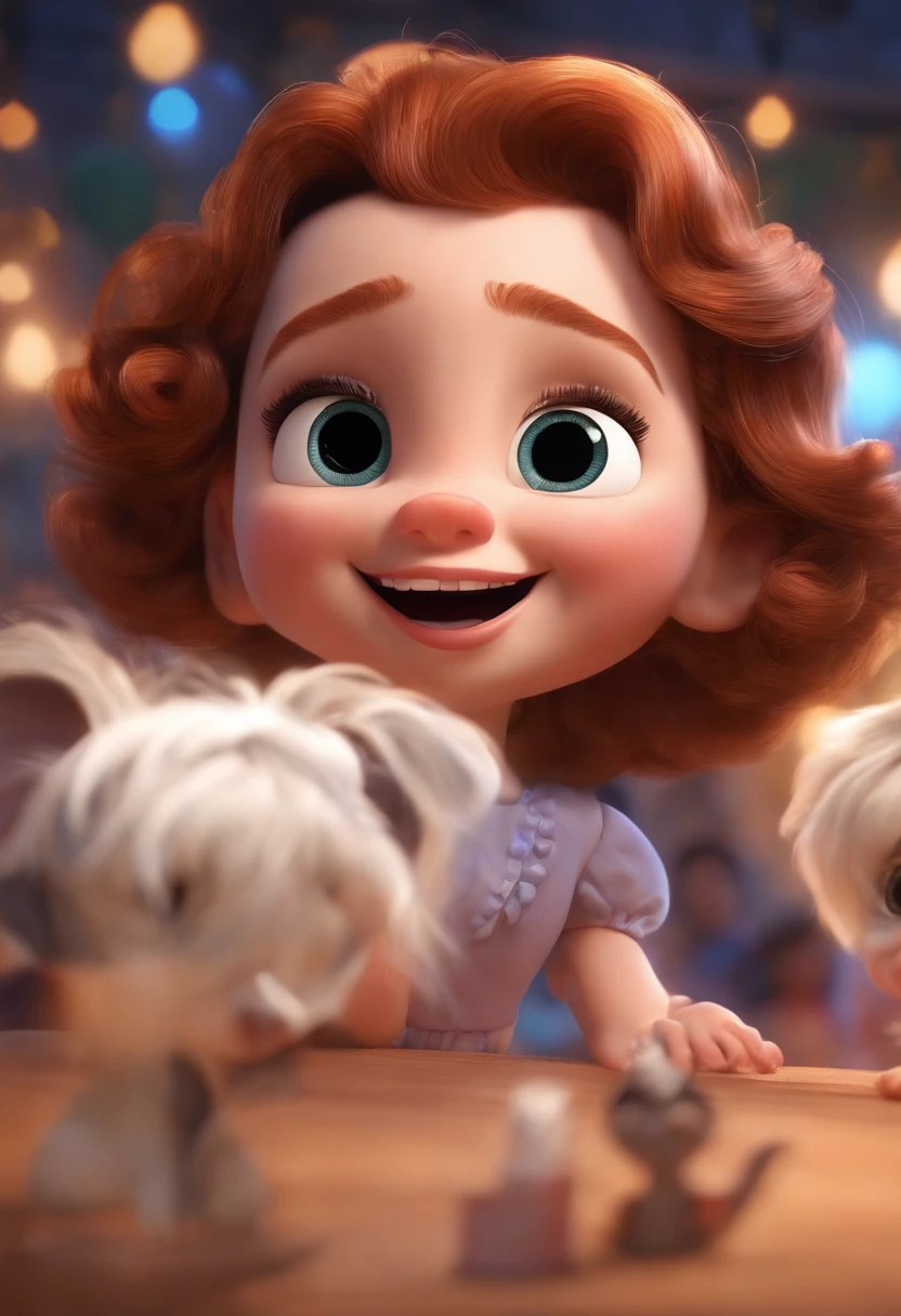 "(best quality,ultra-detalhado,Realistic:1.37),3D rendering,illustration,design de personagens,cabelos curtos e cacheados escuros,belos olhos detalhados,wearing white glasses,Estilo Pixar,morena mulher,Dancing on the Disney stage,atmosfera animada,vivid colors,luzes de palco,expression joyful"