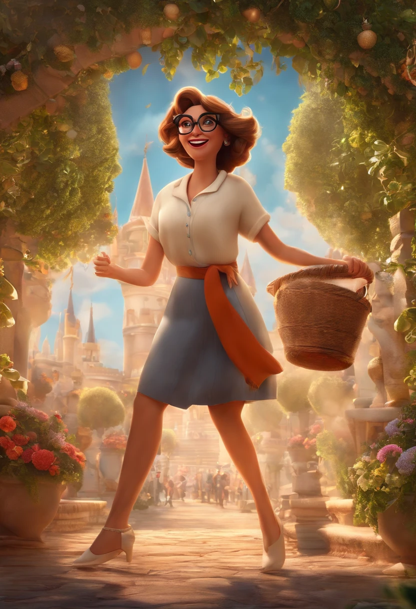 "(best quality,ultra-detalhado,Realistic:1.37),3D rendering,illustration,design de personagens,cabelos curtos e cacheados escuros,belos olhos detalhados,wearing white glasses,Estilo Pixar,morena mulher,Dancing on the Disney stage,atmosfera animada,vivid colors,luzes de palco,expression joyful"