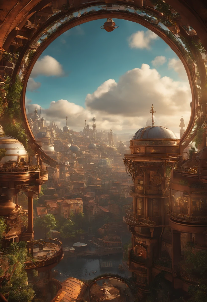 Super Detalhe, Detalhes altos, alta qualidade, 8k, estilo miyazaki, A steampunk-style city floating in the sky, Nuvens e arquitetura diversificada, Exuding mystery and technology --v 6