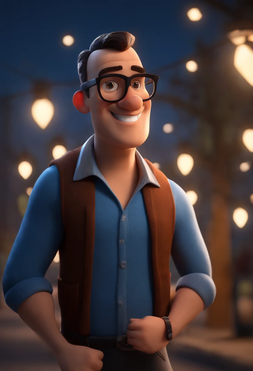 Cartoon character of a man wearing black glasses and a blue shirt, um personagem animado, Caractere estilizado, animation style rendering, 3D estilizado, Arnold Maya render, 3 d render stylized, toon render keyshot, Personagem 3D, Personagem 3D, 3d rendering stylized, 3 d character render, personagem de desenho animado, Personagem de close up, Pose de personagem, (Estilo Pixar) (master part:1.2) (Bokeh) (best quality) (pele detalhada) (textura detalhada) (8k) (argila) (Cinematic lighting) (foco nítido