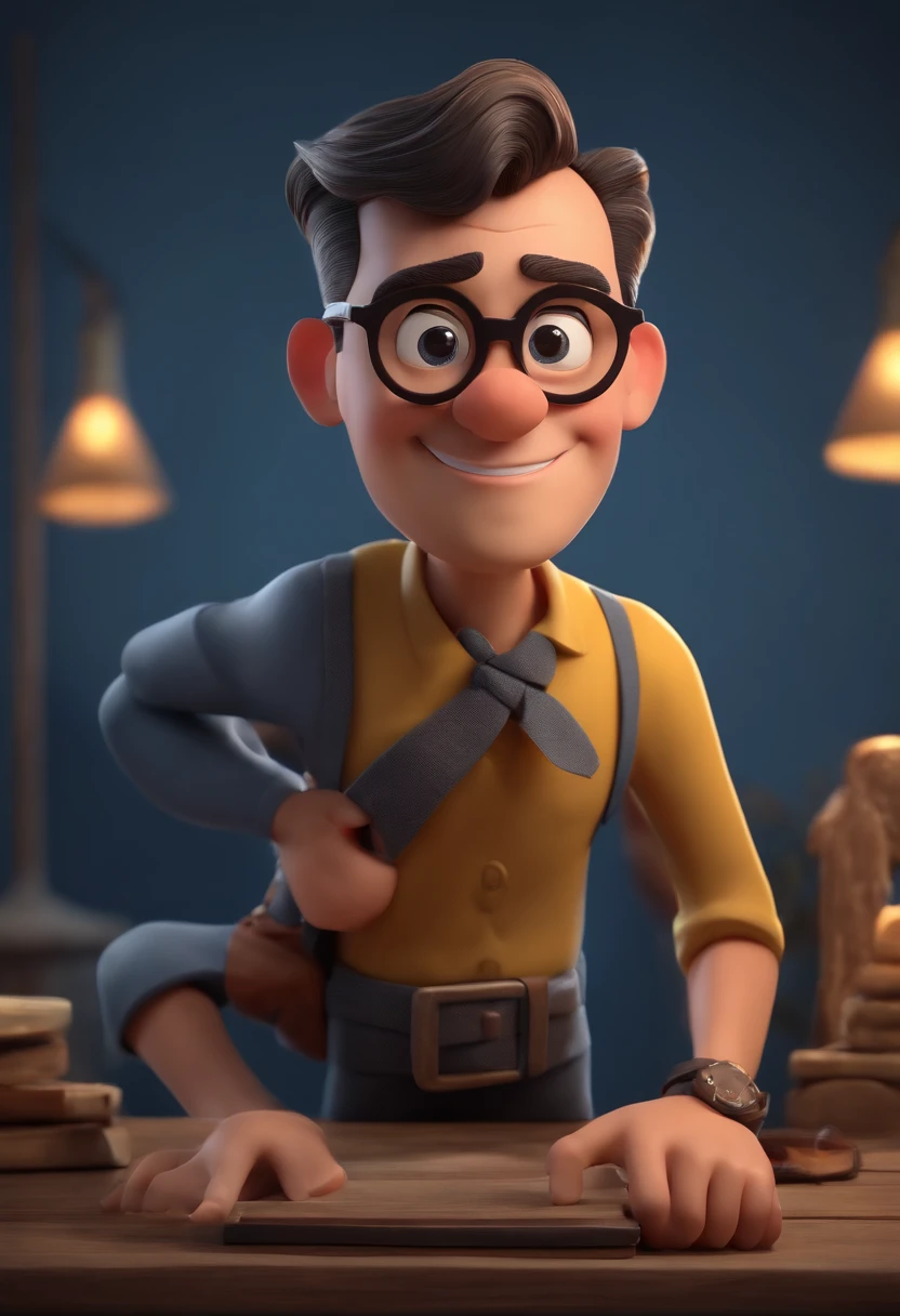 Cartoon character of a man wearing black glasses and a blue shirt, um personagem animado, Caractere estilizado, animation style rendering, 3D estilizado, Arnold Maya render, 3 d render stylized, toon render keyshot, Personagem 3D, Personagem 3D, 3d rendering stylized, 3 d character render, personagem de desenho animado, Personagem de close up, Pose de personagem,  (Estilo Pixar) (master part:1.2) (Bokeh) (best quality) (pele detalhada) (textura detalhada) (8k) (argila) (Cinematic lighting) (foco nítido