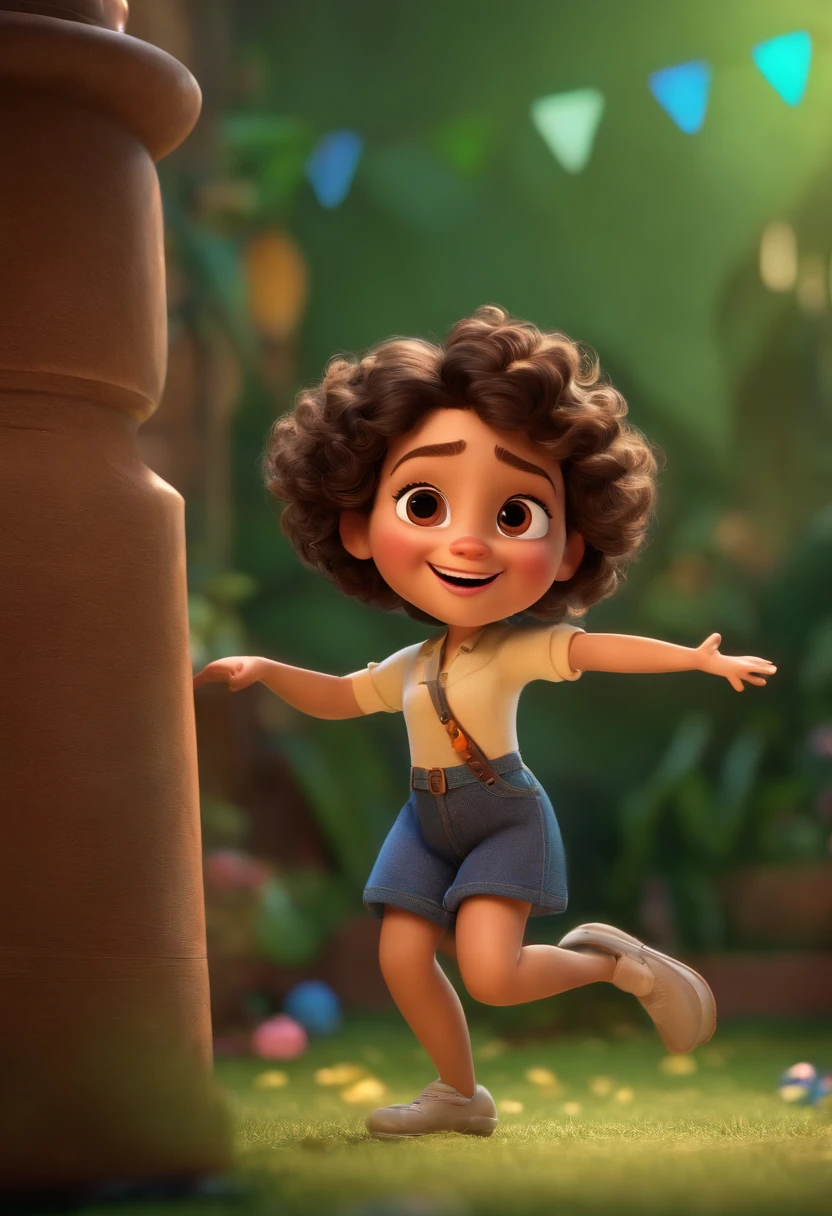 Pixar style image with 3D character white glasses brunette woman short curly hair dancing, Maquiagem Disney,Pescador, bonitinho, sorridente ,Close-up, Pixar, Disney, Cinema lighting,