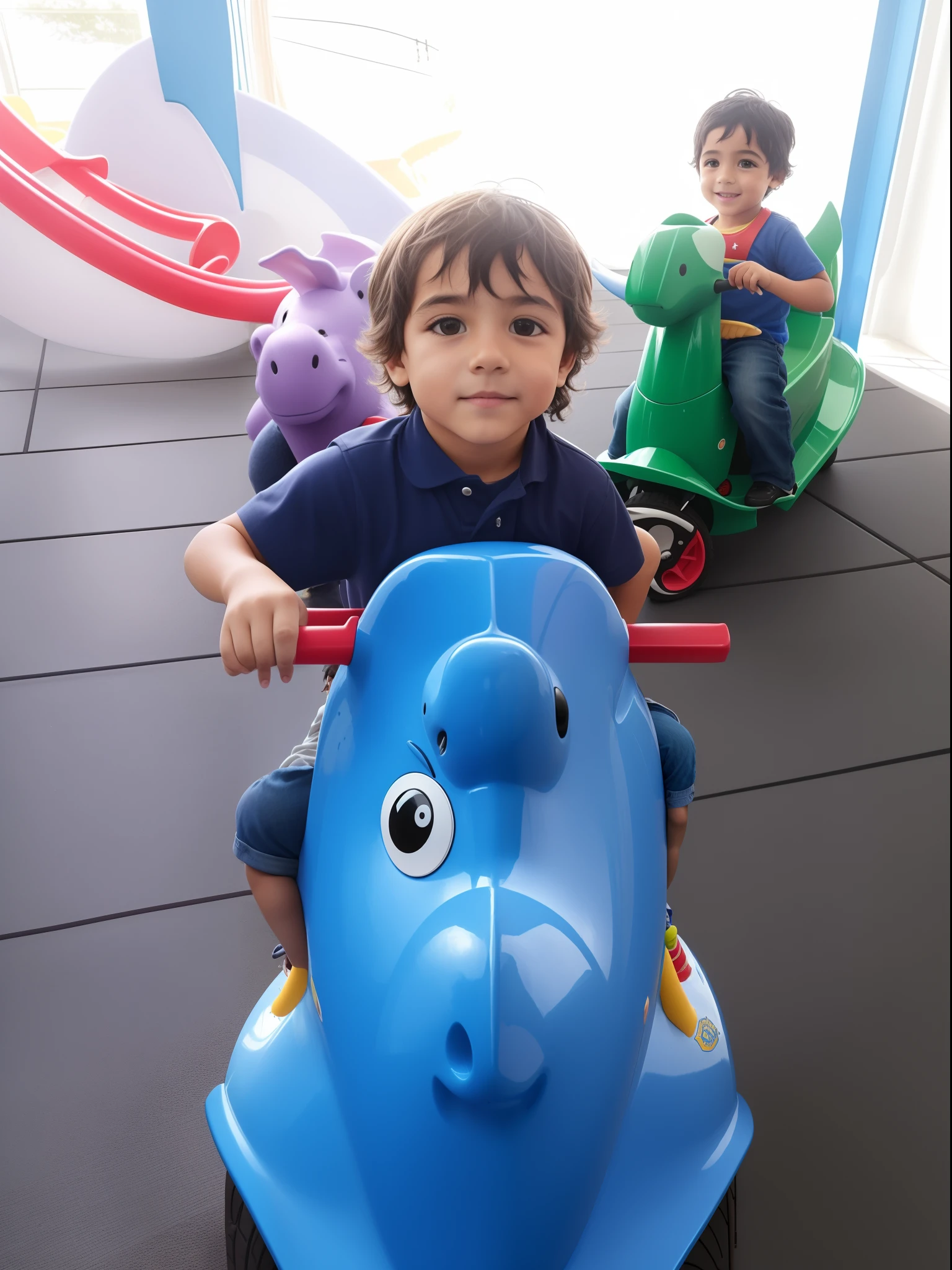 There are two kids riding on a blue elephant ride, trying to ride it, 2 anos, really trying to ride it, montado em um cavalo prancing, riding a hippo, divertindo-se, cabrito, icaro carvalho, Michal, caio santos, Diego 5, Manuel Sanjulianblue, Riding a dragon, Softplay, edu souza