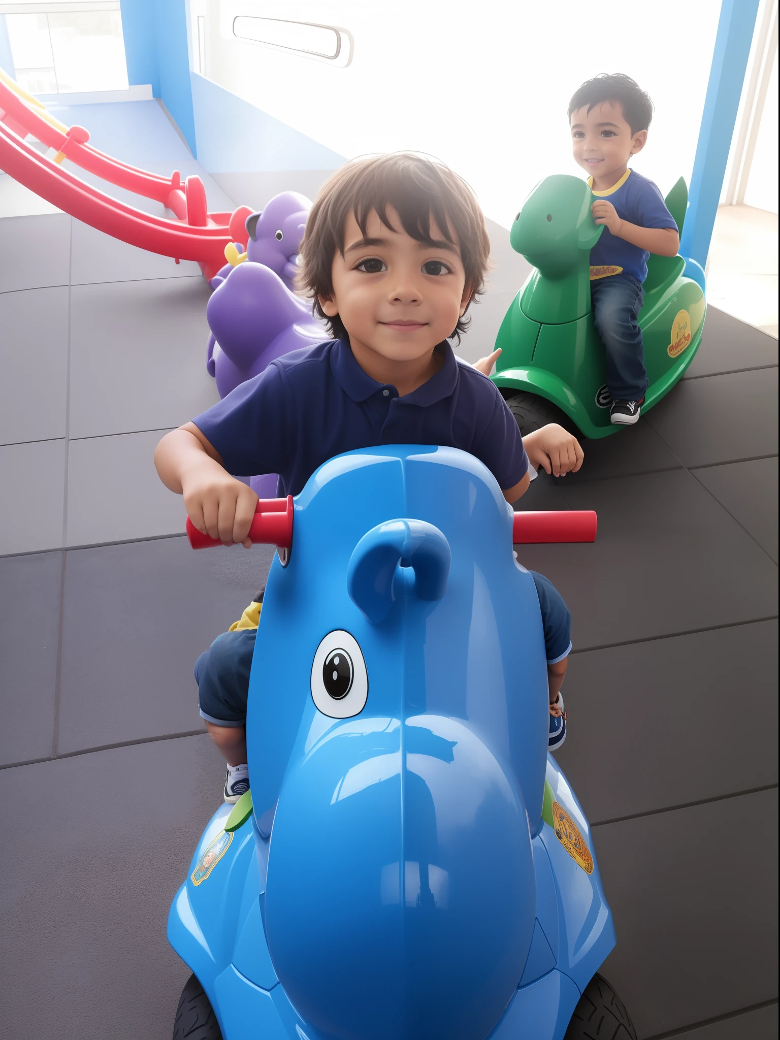 There are two kids riding on a blue elephant ride, trying to ride it, 2 anos, really trying to ride it, montado em um cavalo prancing, riding a hippo, divertindo-se, cabrito, icaro carvalho, Michal, caio santos, Diego 5, Manuel Sanjulianblue, Riding a dragon, Softplay, edu souza