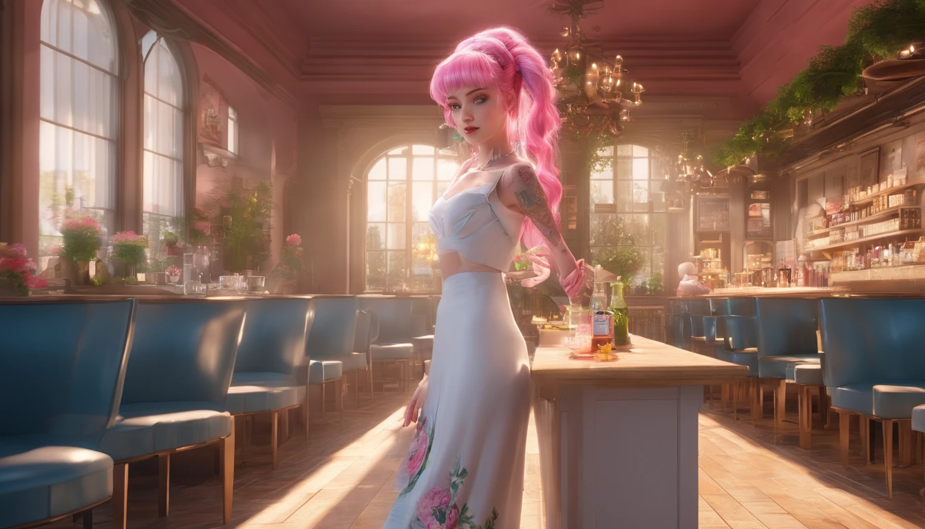 A  girl,Pink hair is long,white dress with design,Blue Short Jacket,A wreath of roses on the head,tattoo on the leg,She's a writer,France,in a cafe