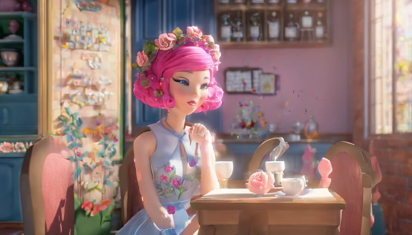 A girl,Pink hair is long,white dress with design,Blue Short Jacket,A wreath of roses on the head,tattoo on the leg,She's a writer,France,in a cafe