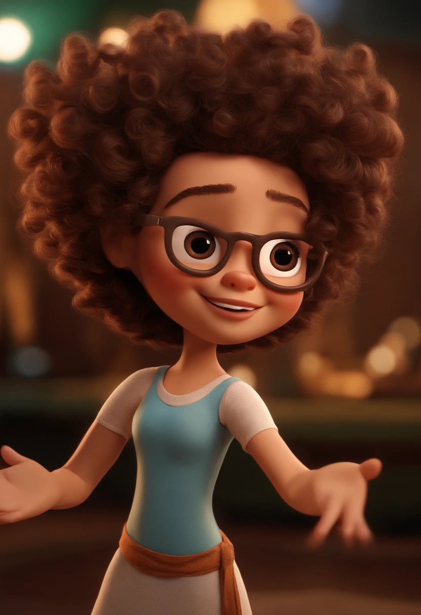 Imagem estilo Pixar com personagem 3D, White Woman Curly Hair Dark Brown Medium Size, usando oculos marrom, Dancing, Maquiagem Disney, bonitinho, sorridente ,Close-up, Pixar, Disney, Cinema lighting