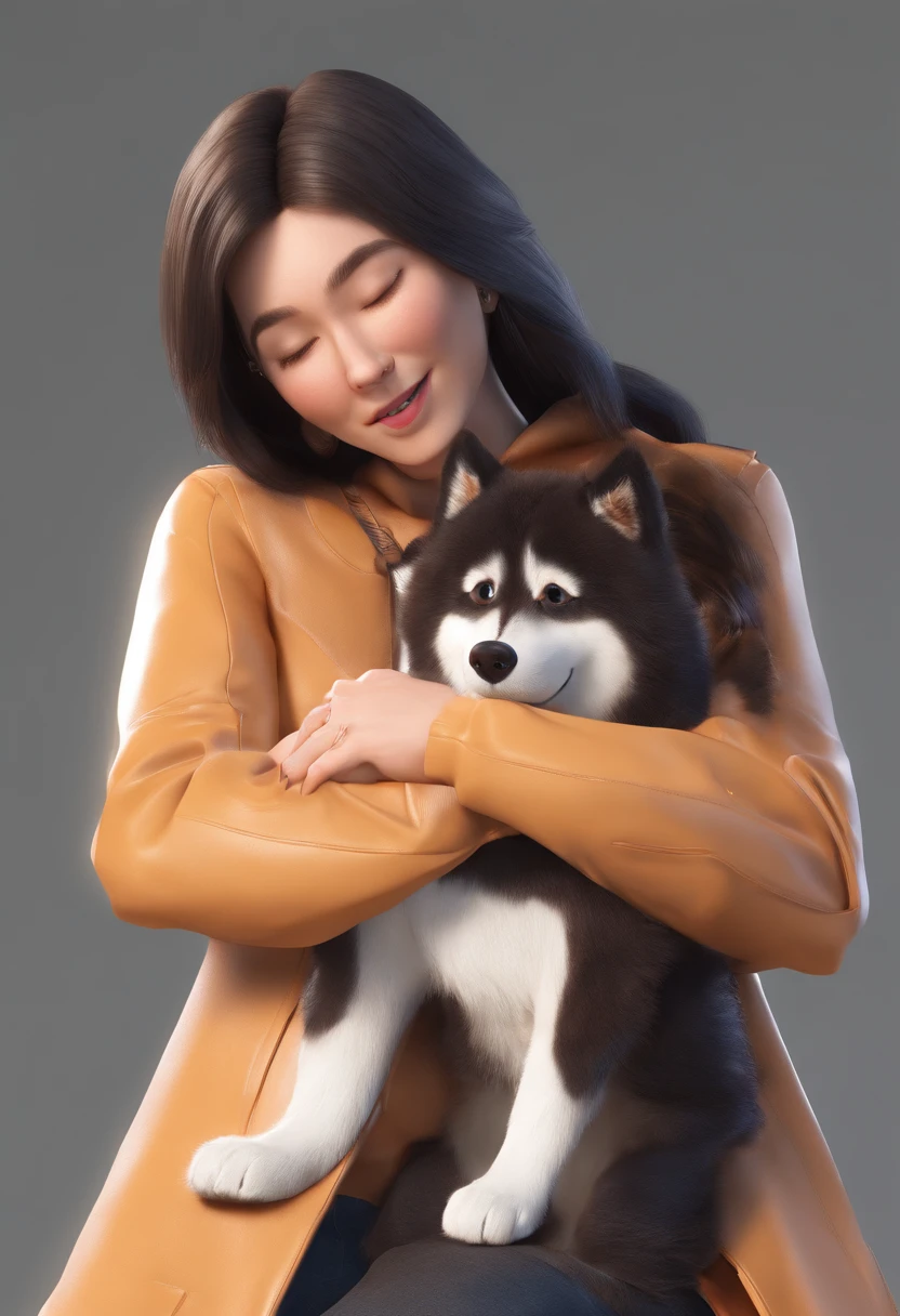 Estilo Pixar: mulher adulta cabelo preto, Hugging her furry brown and white Siberian husky dog