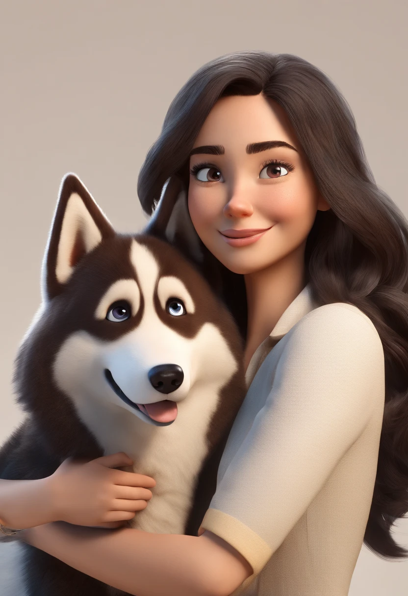 Estilo Pixar: mulher adulta cabelo preto, Hugging her furry brown and white Siberian husky dog