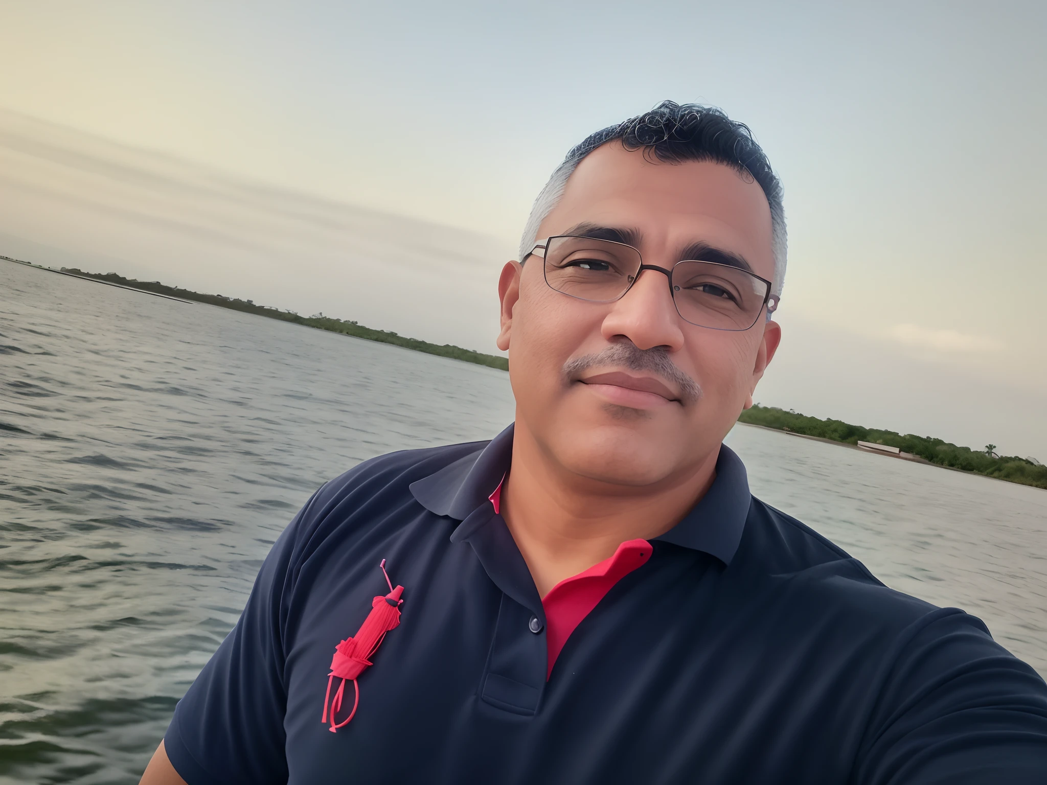 Homem de camisa polo tirando uma selfie em um barco, taken in the early 2020s, andres rios, Homem de 4 0 anos, Homens de 45 anos, Luis Nieves Sr., cerca de 3 5 anos, (38 anos), ele tem cerca de 4 0 anos de idade, Juan Díaz Canales create 3d image Pixar cartoon style